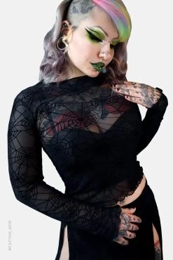 Forest Ink Spider Web Mesh Long Sleeve Crop Top