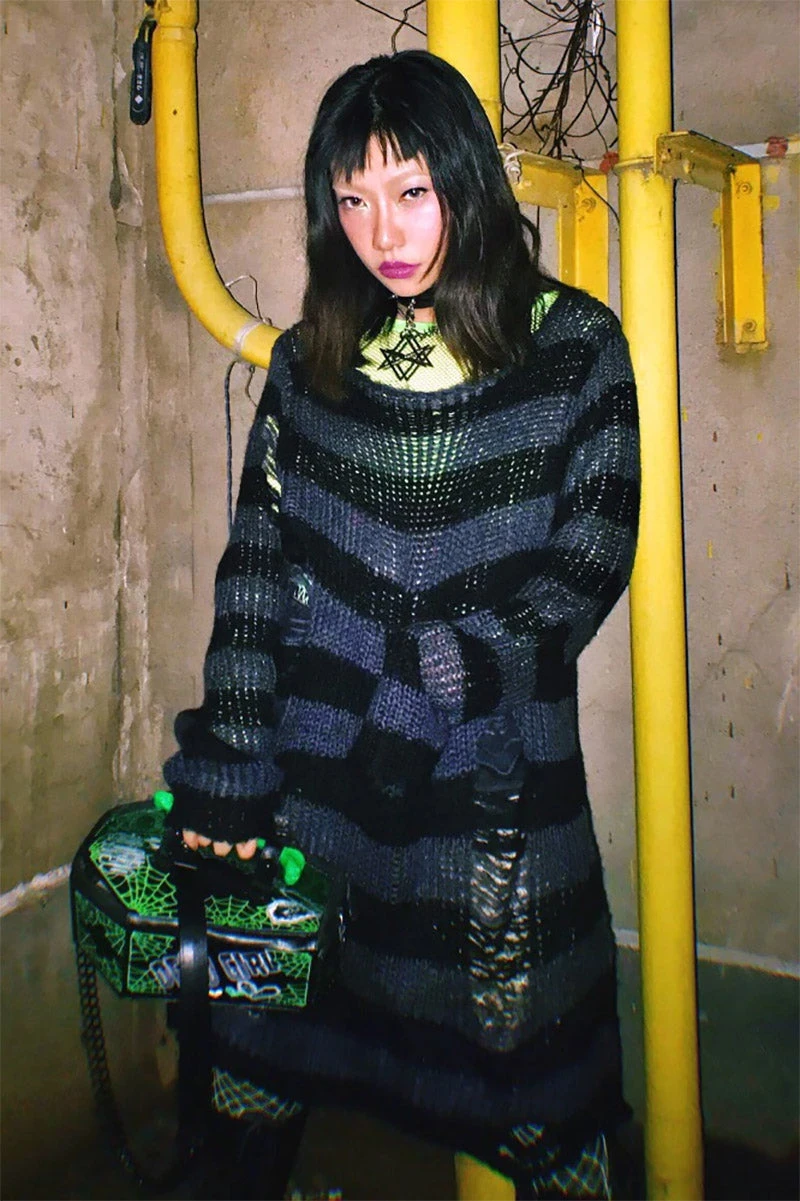 Catalyst Grey/Black Striped Distressed Sweater - Image 2