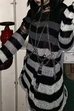 Catalyst Gradient Gray Striped Distressed Sweater