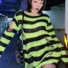 Catalyst Neon Green/Black Striped Distressed Sweater