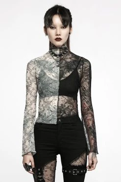 Punk Rave Ghost Bones Mismatched Mesh Top [BLACK/WHITE]