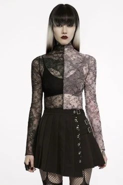 Punk Rave Pink Stitches Mismatched Mesh Top [BLACK/PINK]
