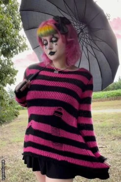 Catalyst Hot Pink/Black Striped Distressed Sweater