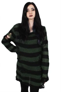 Catalyst Dark Forest Green/Black Striped Distressed Sweater