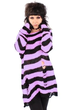 Catalyst Lilac/Black Striped Distressed Sweater