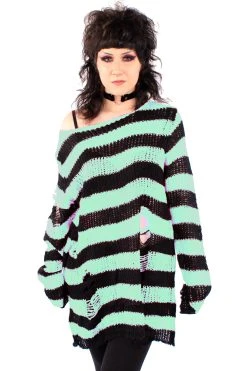 Catalyst Mint/Black Striped Distressed Sweater