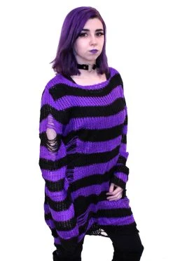 Catalyst Purple/Black Striped Distressed Sweater