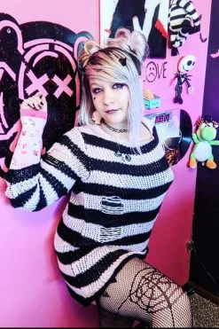 Catalyst Pastel Pink/Black Striped Distressed Sweater